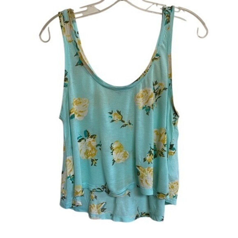 Artizia Talula Pale Turquoise Yellow Rose Print Soft Tank Top - M EUC‎